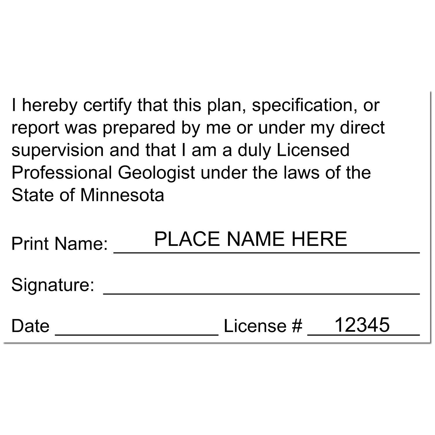 This paper is stamped with a sample imprint of the Slim Pre-Inked Minnesota Professional Geologist Seal Stamp, signifying its quality and reliability.