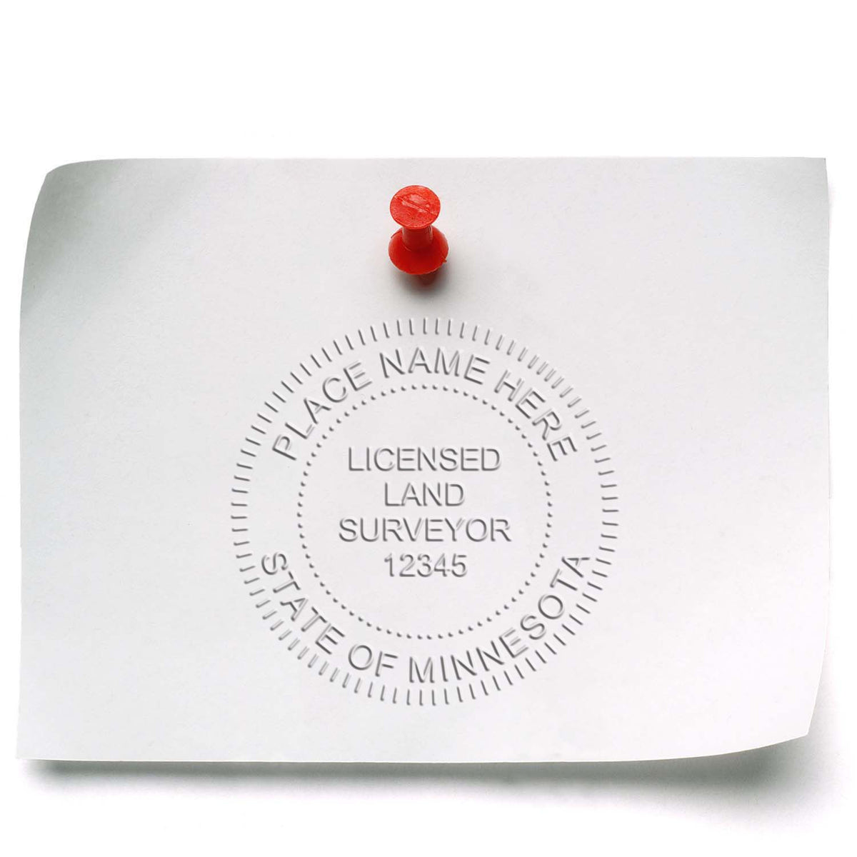 A photograph of the Minnesota Desk Surveyor Seal Embosser stamp impression reveals a vivid, professional image of the on paper.
