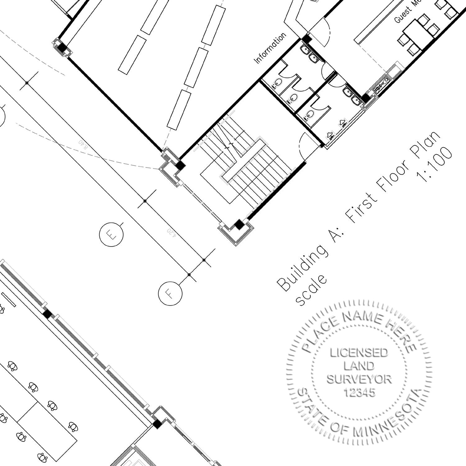 Another Example of a stamped impression of the Handheld Minnesota Land Surveyor Seal on a piece of office paper.