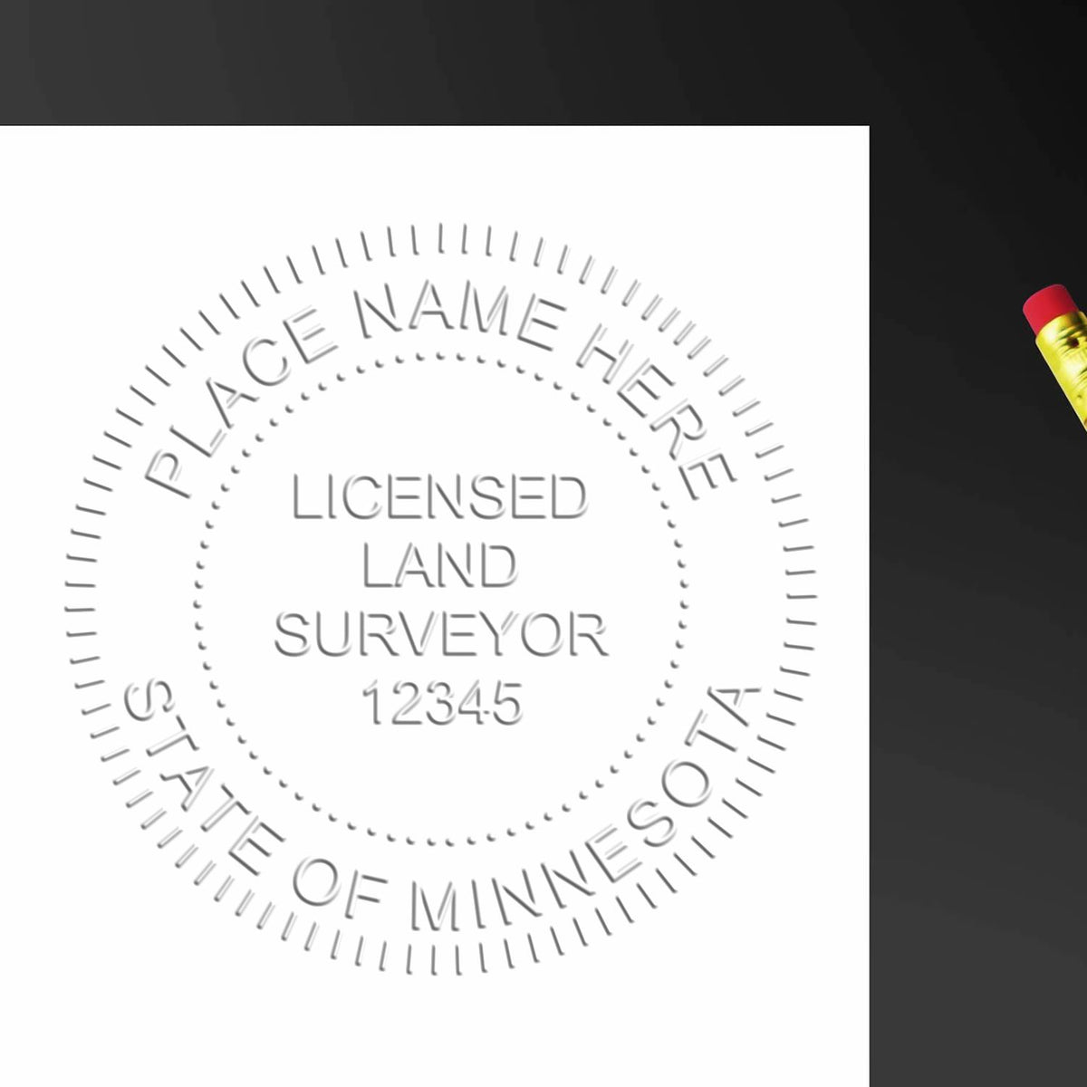 A lifestyle photo showing a stamped image of the Minnesota Desk Surveyor Seal Embosser on a piece of paper
