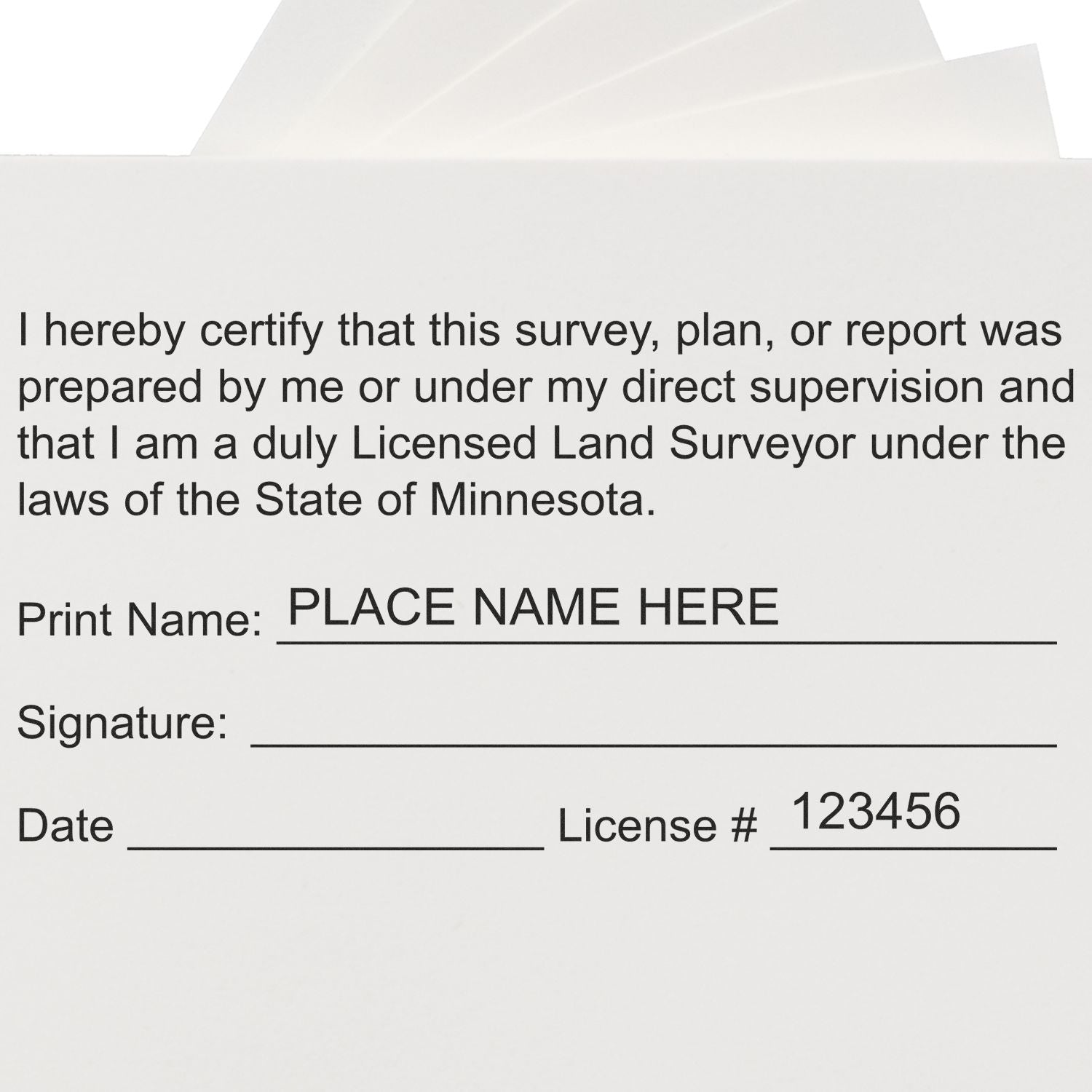 A lifestyle photo showing a stamped image of the Slim Pre-Inked Minnesota Land Surveyor Seal Stamp on a piece of paper