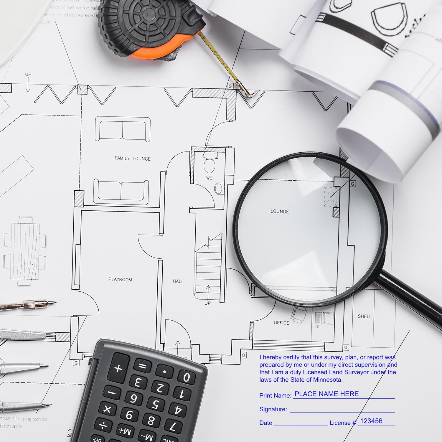 Minnesota Land Surveyor Seal Stamp in use on architectural plans with a magnifying glass, calculator, and measuring tape.