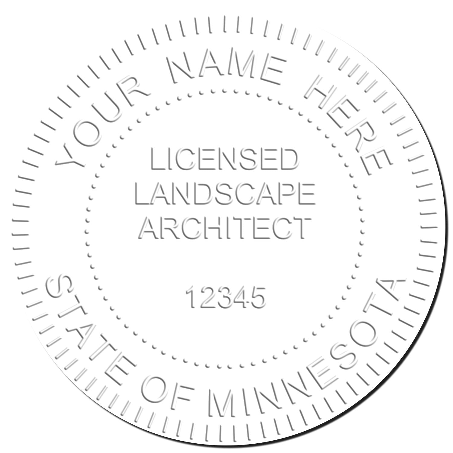 This paper is stamped with a sample imprint of the State of Minnesota Extended Long Reach Landscape Architect Seal Embosser, signifying its quality and reliability.