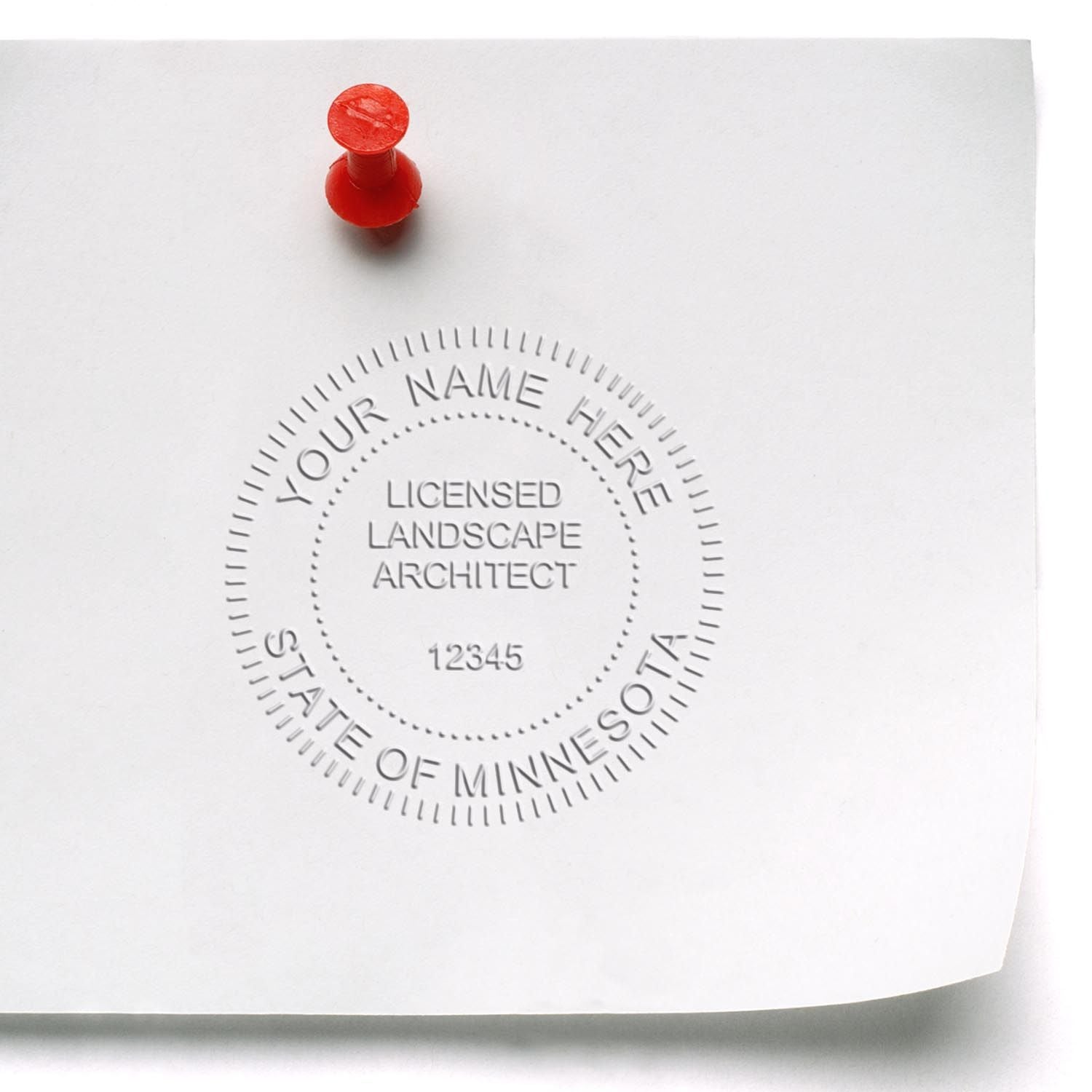 The Heavy Duty Minnesota Landscape Architect Cast Iron Embosser stamp impression comes to life with a crisp, detailed photo on paper - showcasing true professional quality.