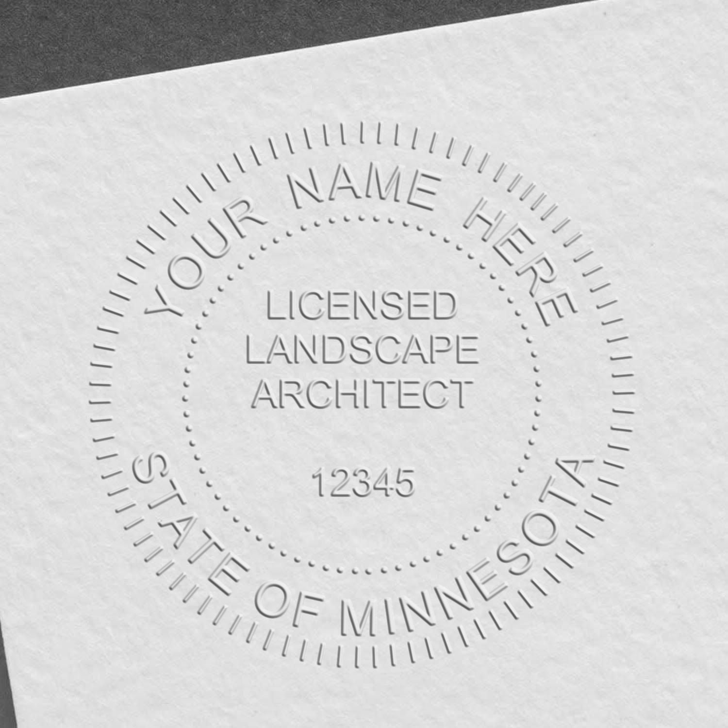 A stamped impression of the State of Minnesota Handheld Landscape Architect Seal in this stylish lifestyle photo, setting the tone for a unique and personalized product.