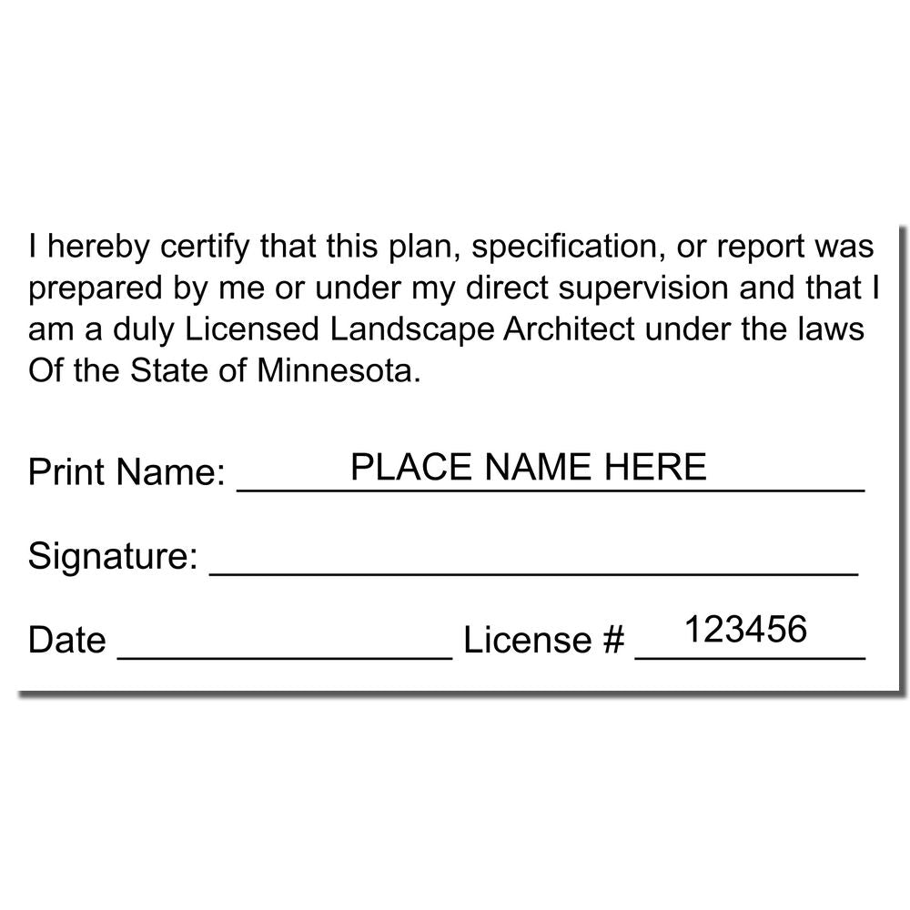 A lifestyle photo showing a stamped image of the Slim Pre-Inked Minnesota Landscape Architect Seal Stamp on a piece of paper