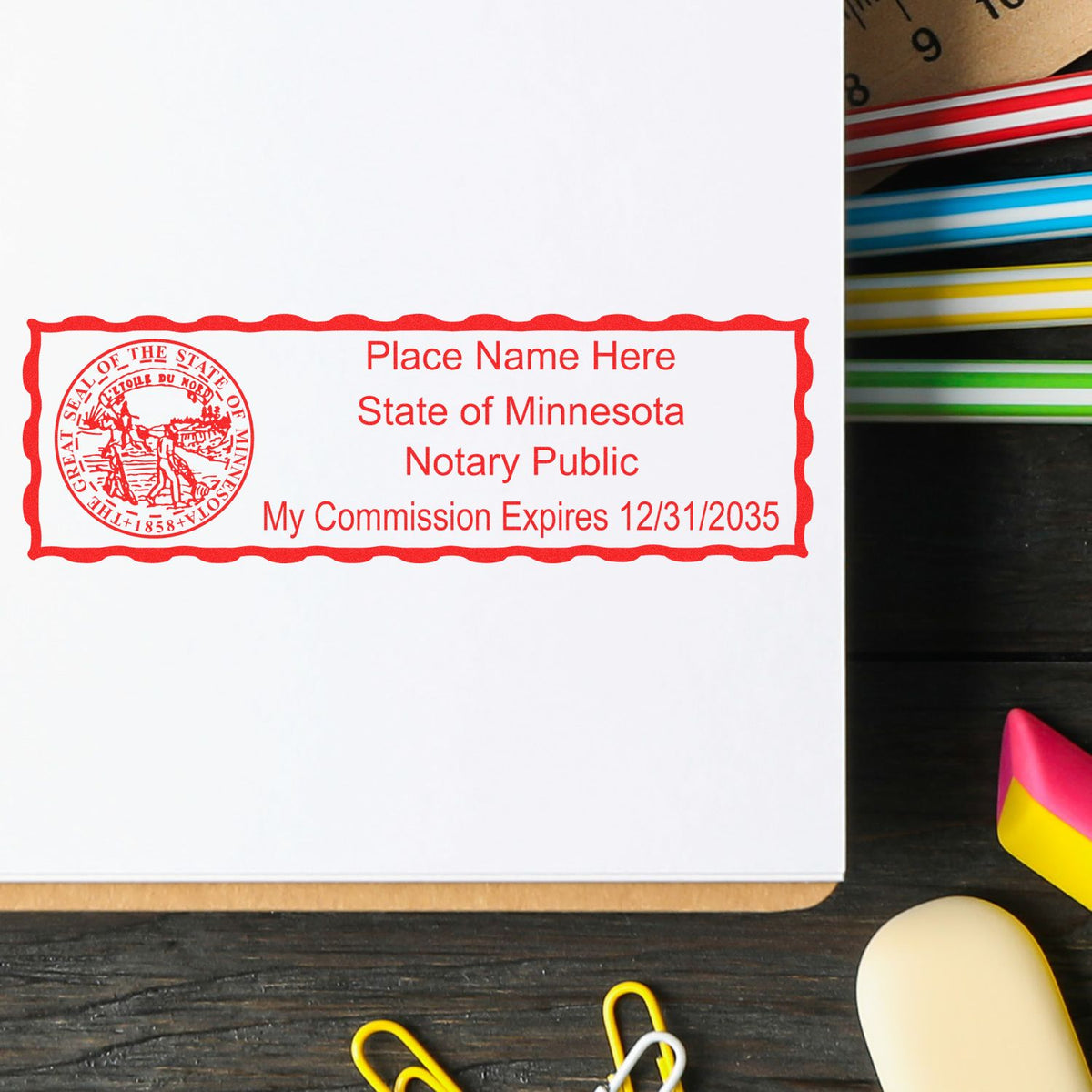 A stamped impression of the Wooden Handle Minnesota State Seal Notary Public Stamp in this stylish lifestyle photo, setting the tone for a unique and personalized product.