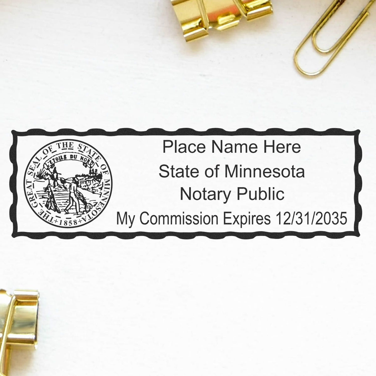 A lifestyle photo showing a stamped image of the Heavy-Duty Minnesota Rectangular Notary Stamp on a piece of paper