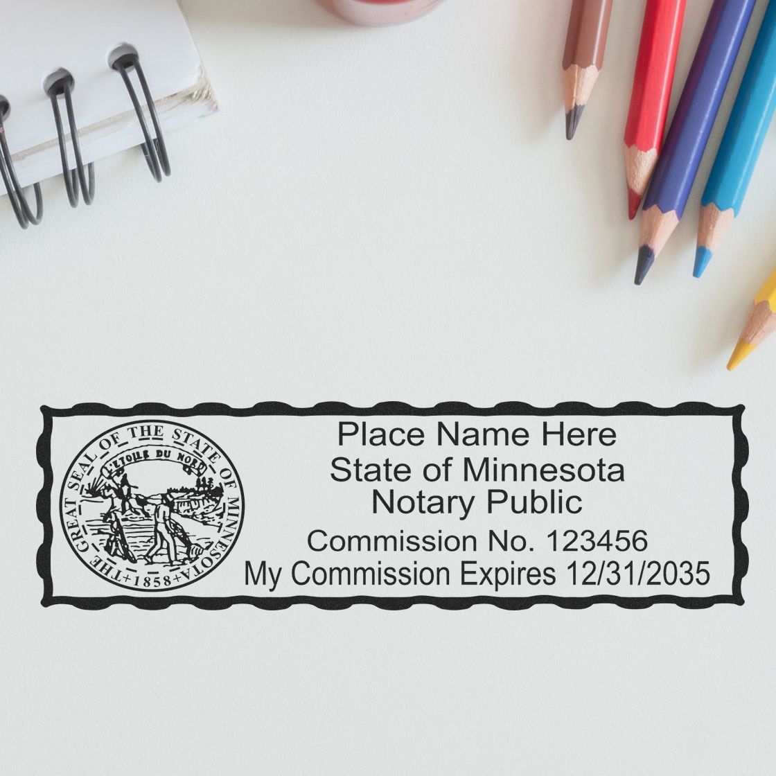 A stamped impression of the Slim Pre-Inked State Seal Notary Stamp for Minnesota in this stylish lifestyle photo, setting the tone for a unique and personalized product.