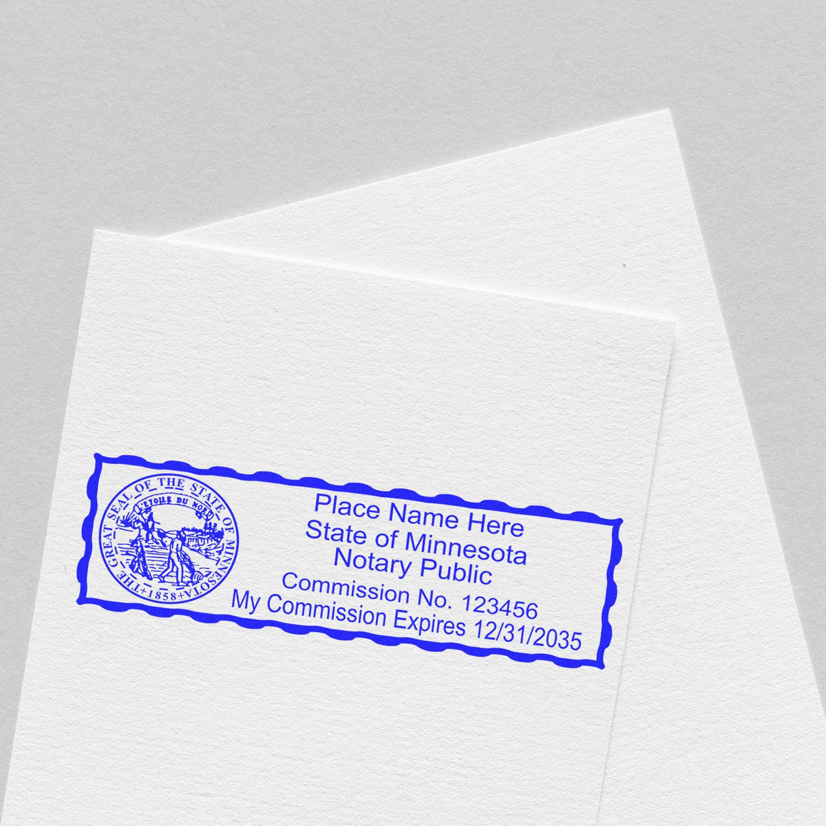 A photograph of the Self-Inking State Seal Minnesota Notary Stamp stamp impression reveals a vivid, professional image of the on paper.