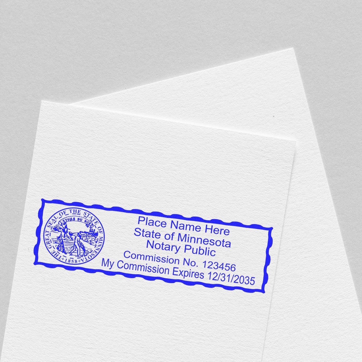 The Minnesota Rectangular Digital Notary Seal stamp impression comes to life with a crisp, detailed photo on paper - showcasing true professional quality.