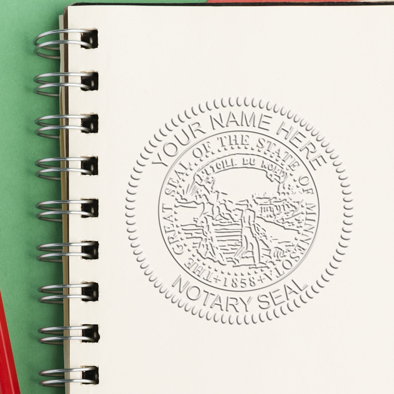 A photograph of the Minnesota Desk Notary Public Seal stamp impression reveals a vivid, professional image of the on paper.