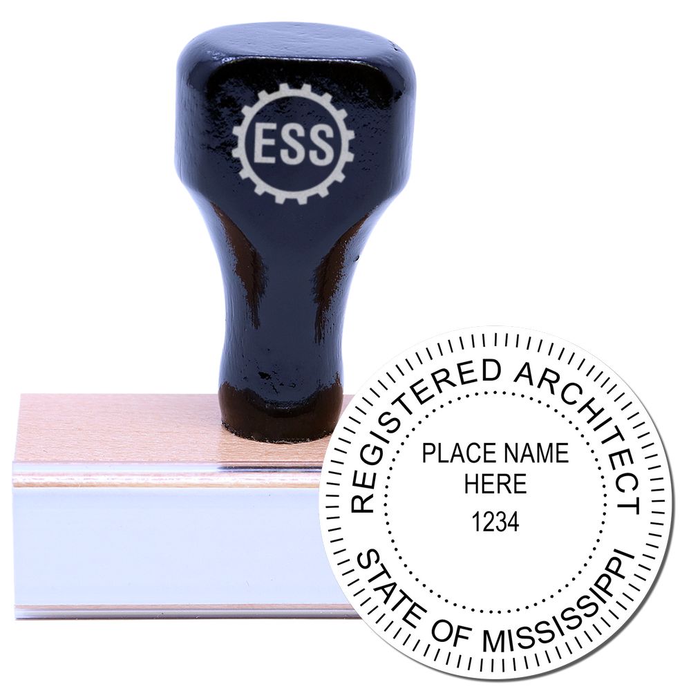 Wooden handle rubber stamp with the Mississippi Architect Seal Stamp design, featuring Registered Architect, State of Mississippi.