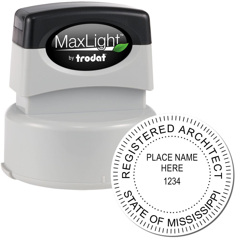 Premium MaxLight Pre-Inked Mississippi Architectural Stamp with a round imprint design for registered architects in the state of Mississippi.