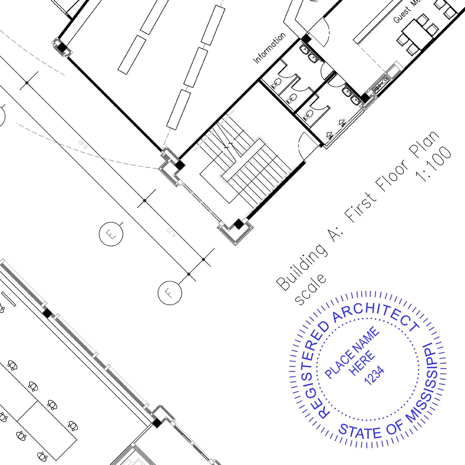 Architectural floor plan with a blue "Premium MaxLight Pre-Inked Mississippi Architectural Stamp" impression in the bottom right corner.