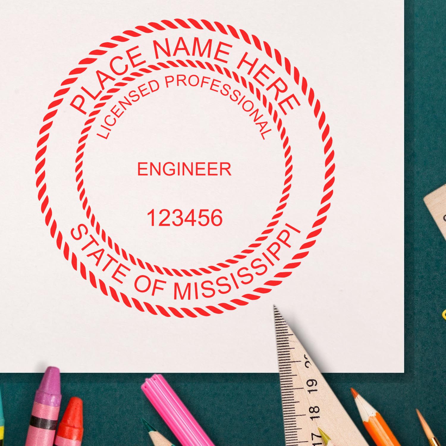 A lifestyle photo showing a stamped image of the Mississippi Professional Engineer Seal Stamp on a piece of paper