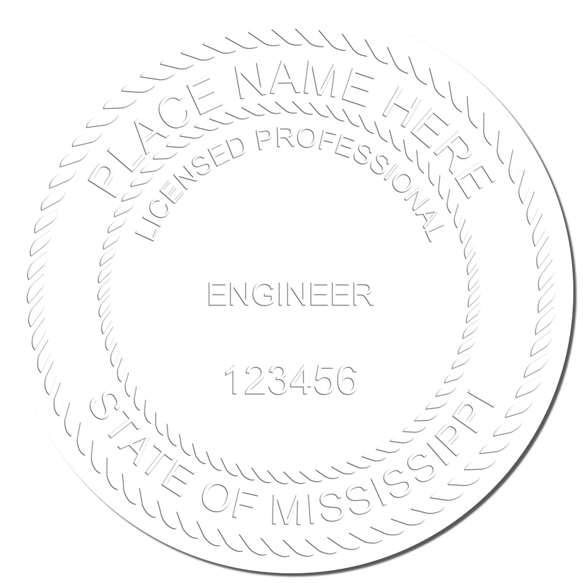 This paper is stamped with a sample imprint of the Heavy Duty Cast Iron Mississippi Engineer Seal Embosser, signifying its quality and reliability.