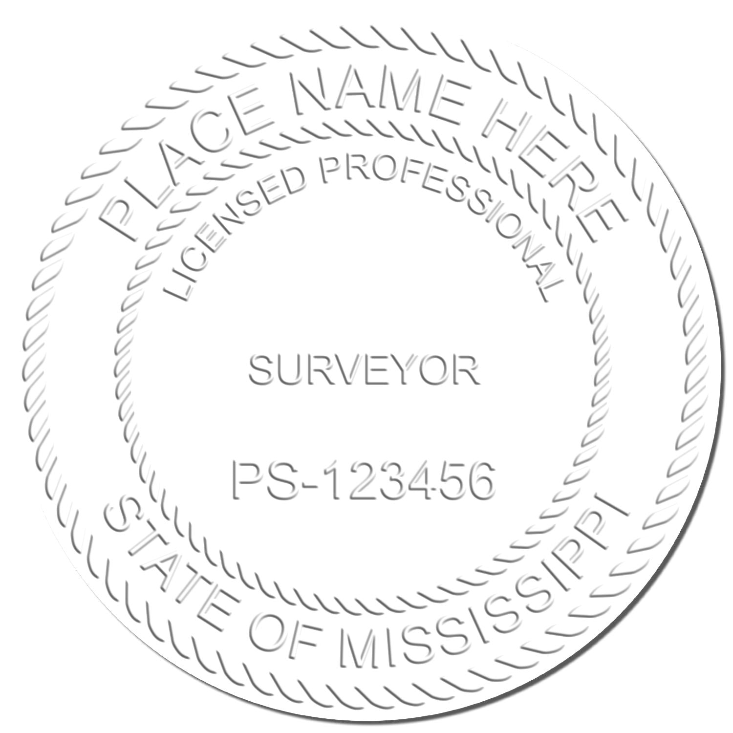 This paper is stamped with a sample imprint of the Extended Long Reach Mississippi Surveyor Embosser, signifying its quality and reliability.