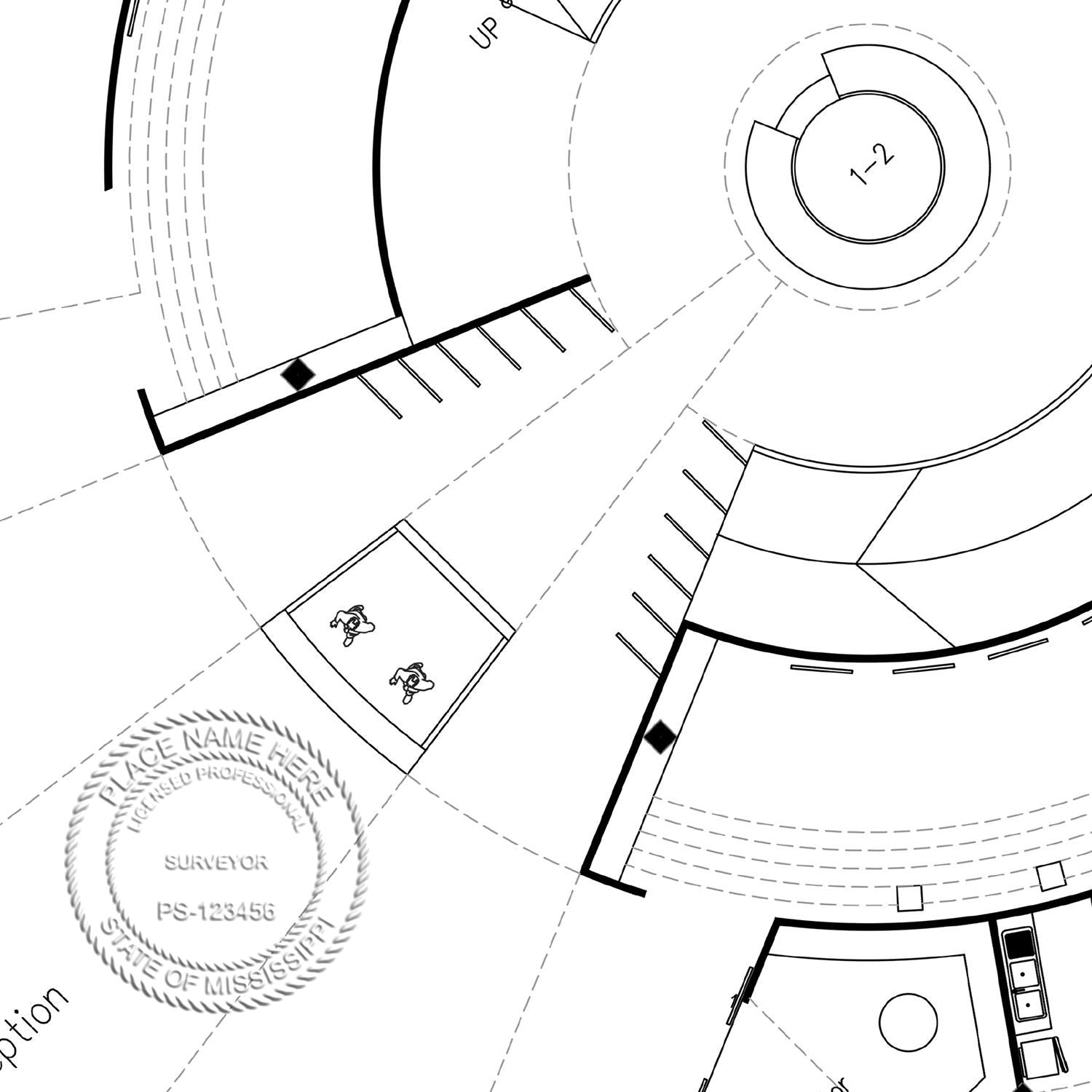 An alternative view of the Gift Mississippi Land Surveyor Seal stamped on a sheet of paper showing the image in use