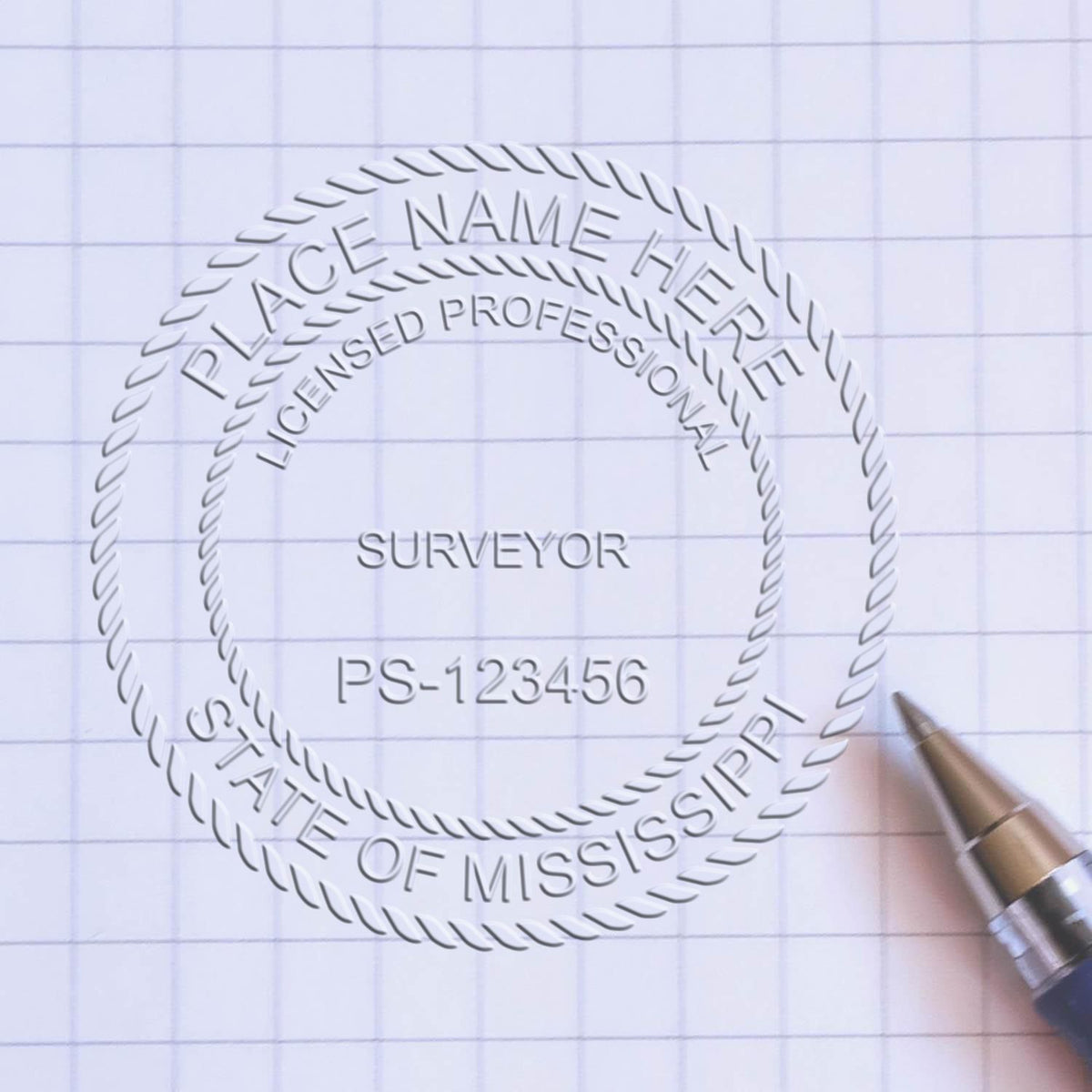A lifestyle photo showing a stamped image of the State of Mississippi Soft Land Surveyor Embossing Seal on a piece of paper