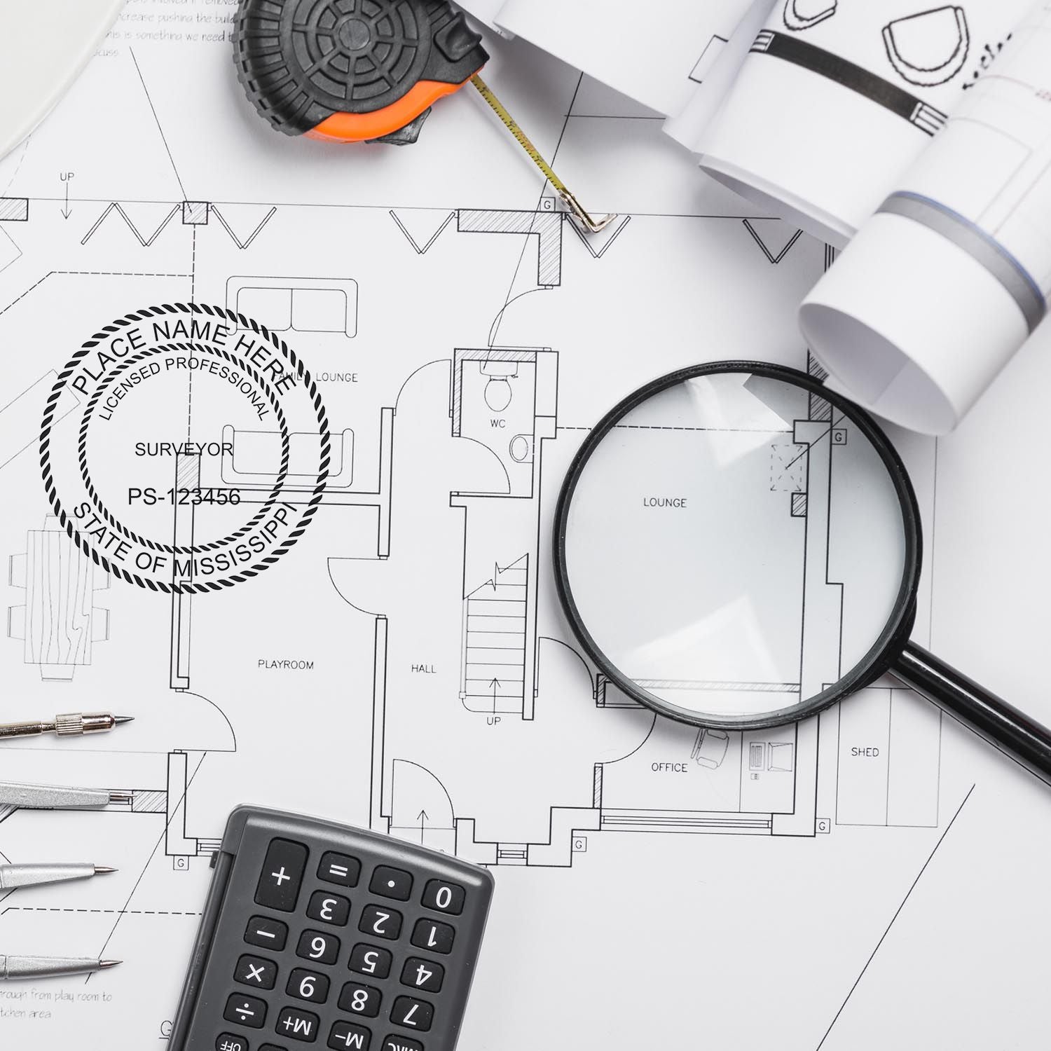 Mississippi Land Surveyor Seal Stamp, MS PLS Stamp, on architectural blueprints with a magnifying glass, calculator, and measuring tape.