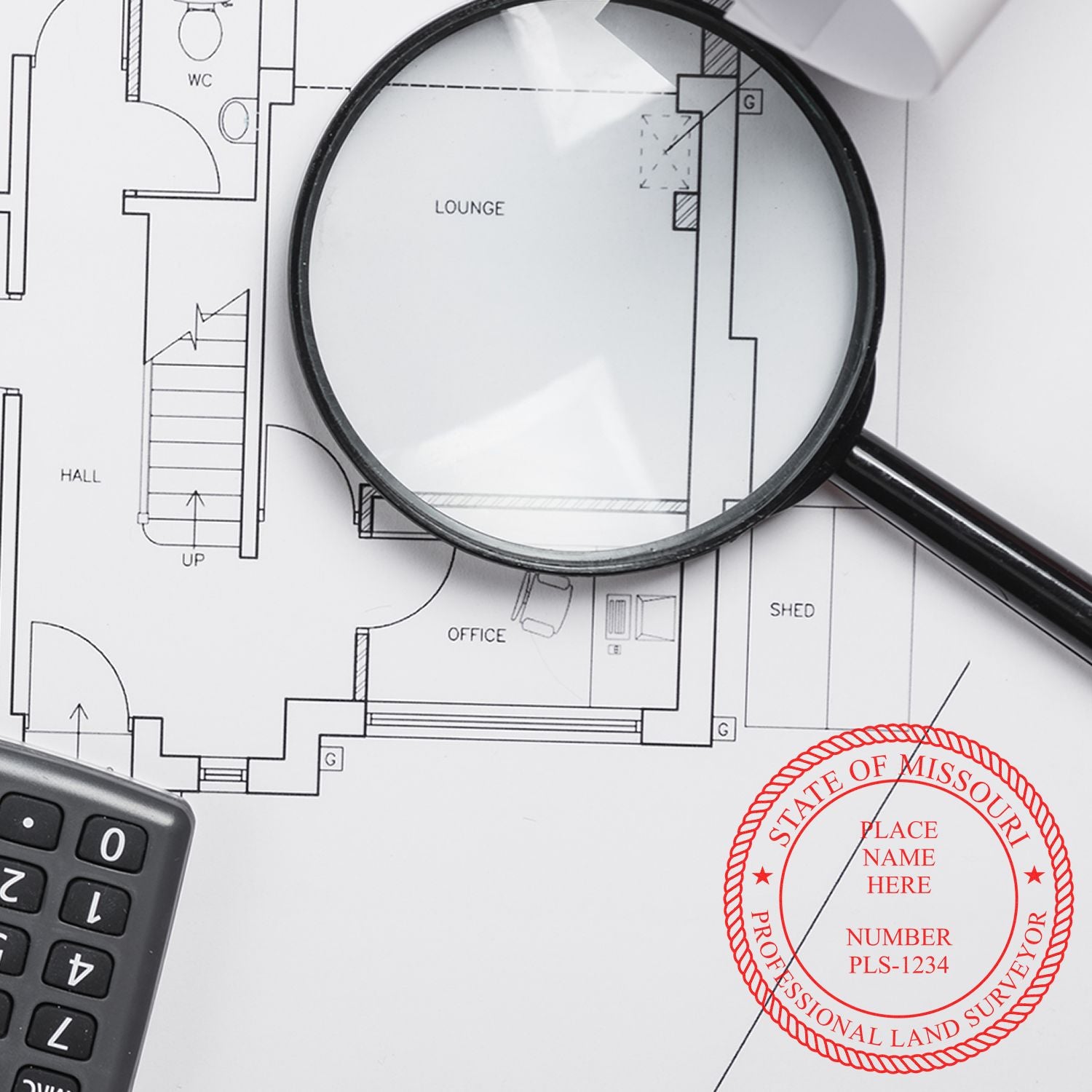 Land Surveyor Self Inking Rubber Stamp of Seal in use on architectural plans with a magnifying glass, calculator, and floor plan.