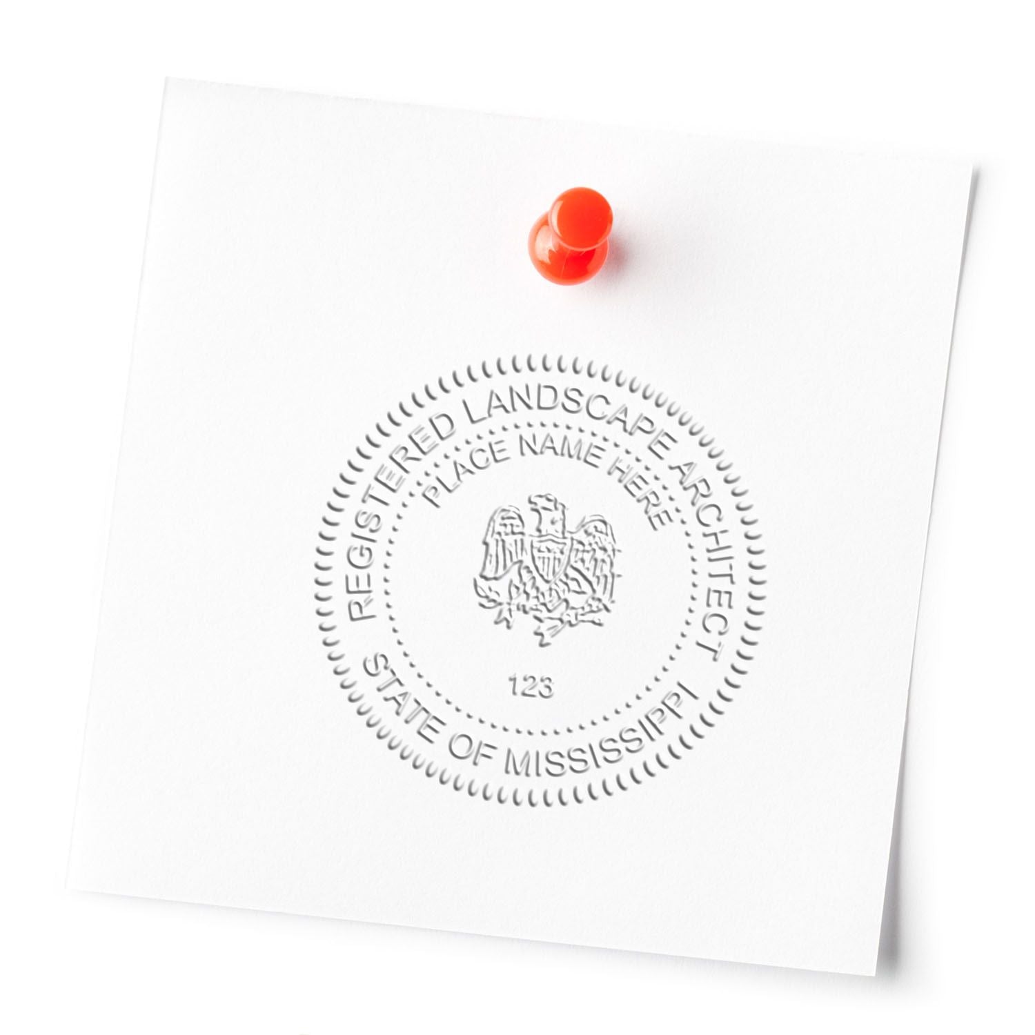 A photograph of the State of Mississippi Extended Long Reach Landscape Architect Seal Embosser stamp impression reveals a vivid, professional image of the on paper.