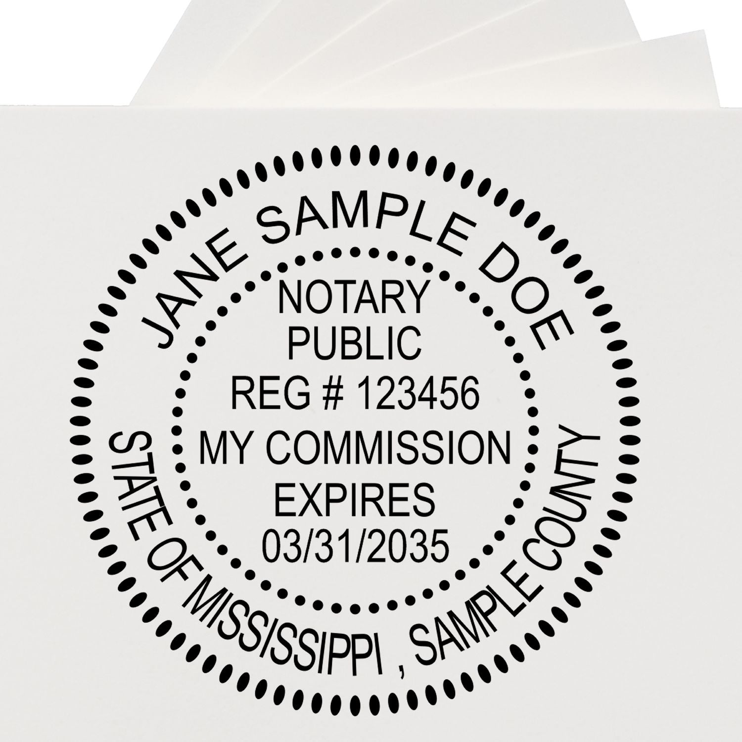 A lifestyle photo showing a stamped image of the Round Mississippi Notary Public Seal Stamp on a piece of paper