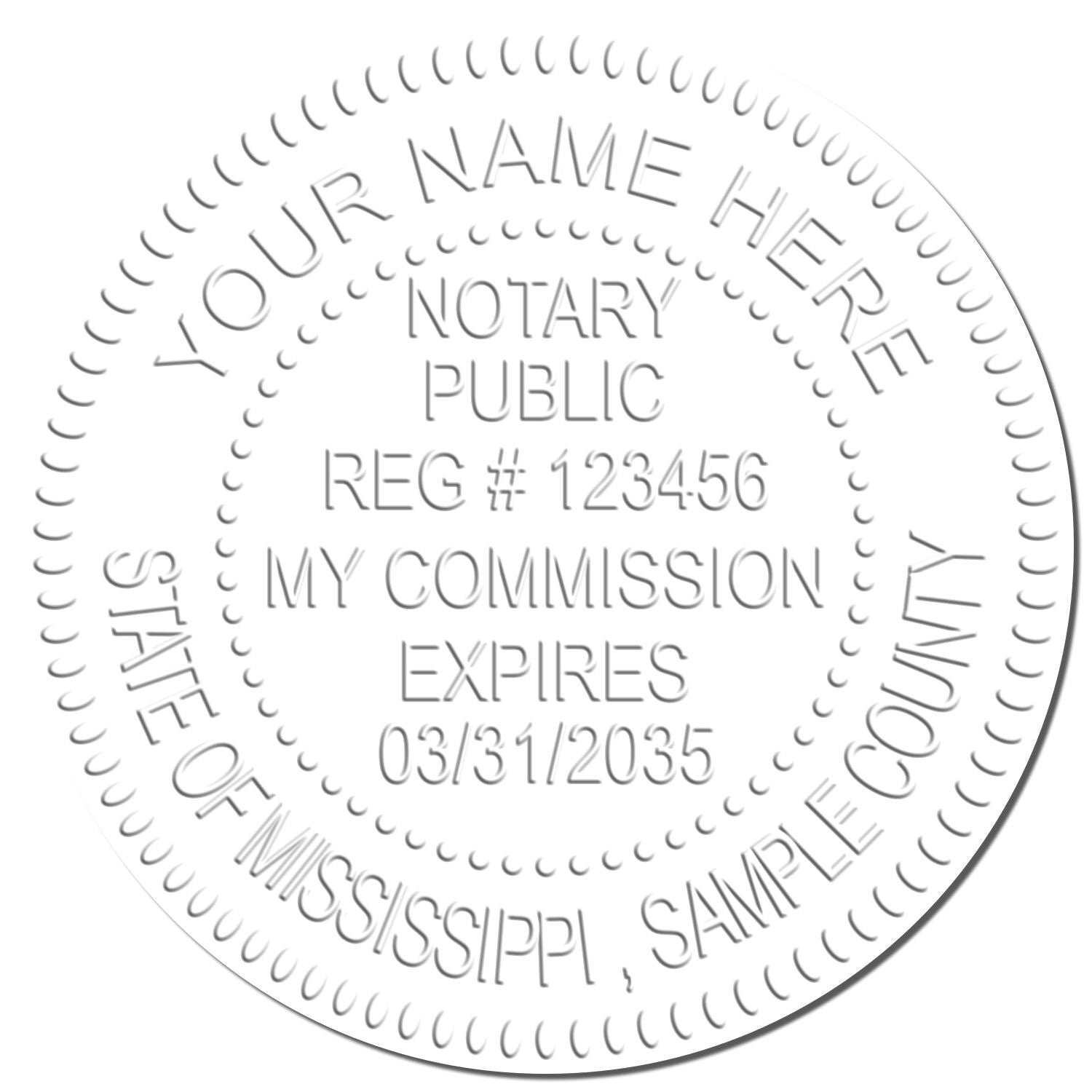 This paper is stamped with a sample imprint of the Mississippi Handheld Notary Seal Embosser, signifying its quality and reliability.