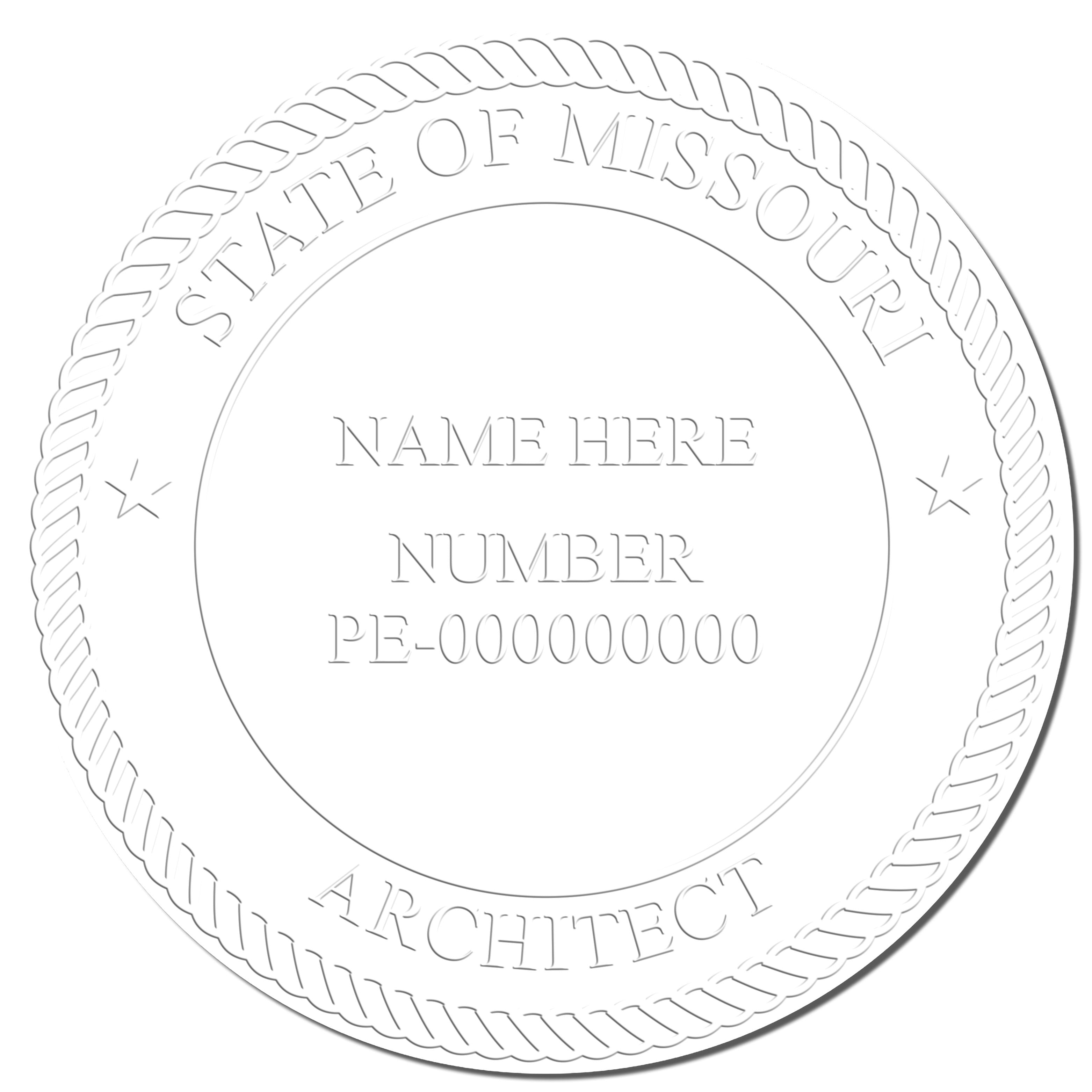 This paper is stamped with a sample imprint of the State of Missouri Architectural Seal Embosser, signifying its quality and reliability.