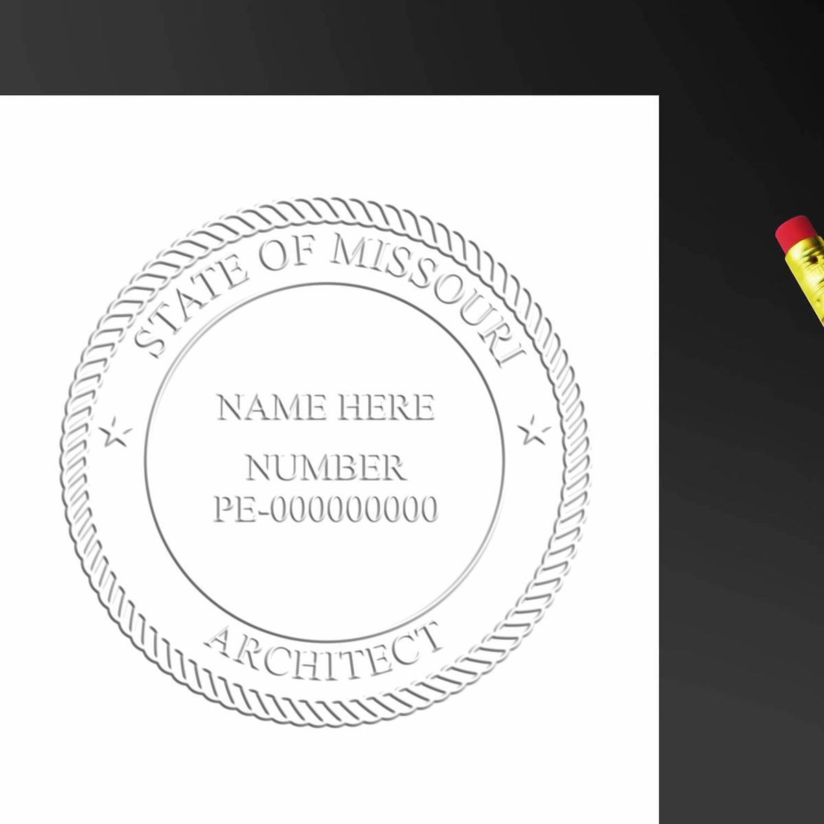 An in use photo of the Hybrid Missouri Architect Seal showing a sample imprint on a cardstock