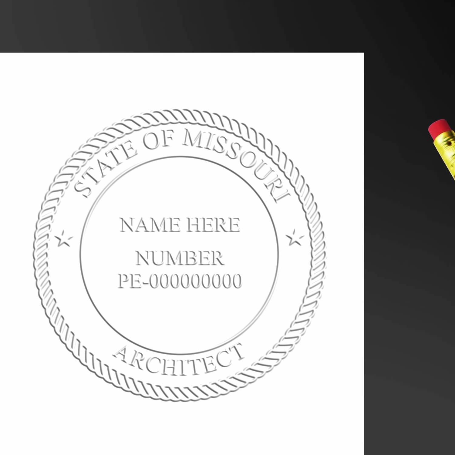 The main image for the Missouri Desk Architect Embossing Seal depicting a sample of the imprint and electronic files