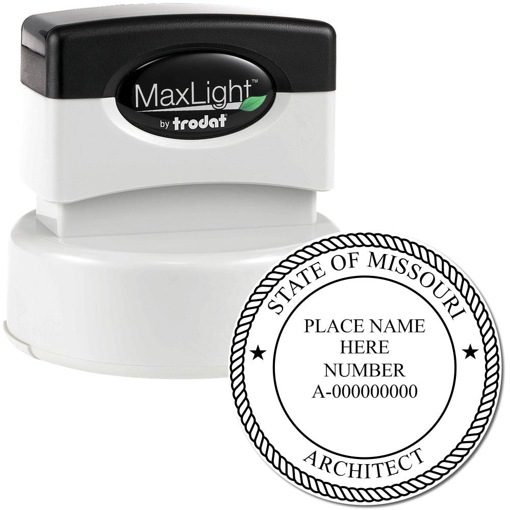 Premium MaxLight Pre-Inked Missouri Architectural Stamp with black and white design, featuring customizable text for name and number.