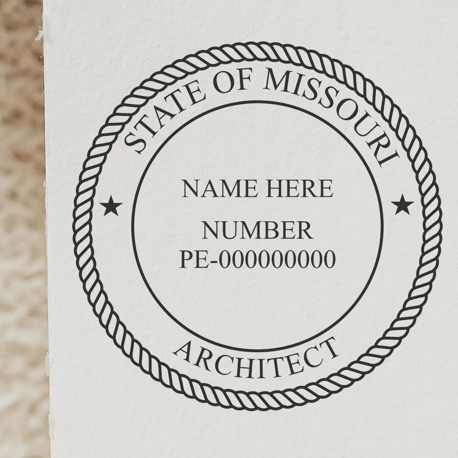 Digital Missouri Architect Stamp, Electronic Seal for Missouri Architect, displaying customizable name and number fields.