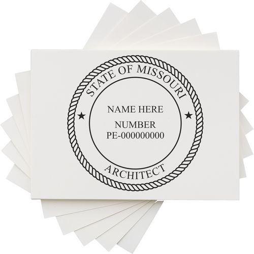 Missouri Architect Seal Stamp displayed on white paper, featuring customizable name and number fields within a circular design.