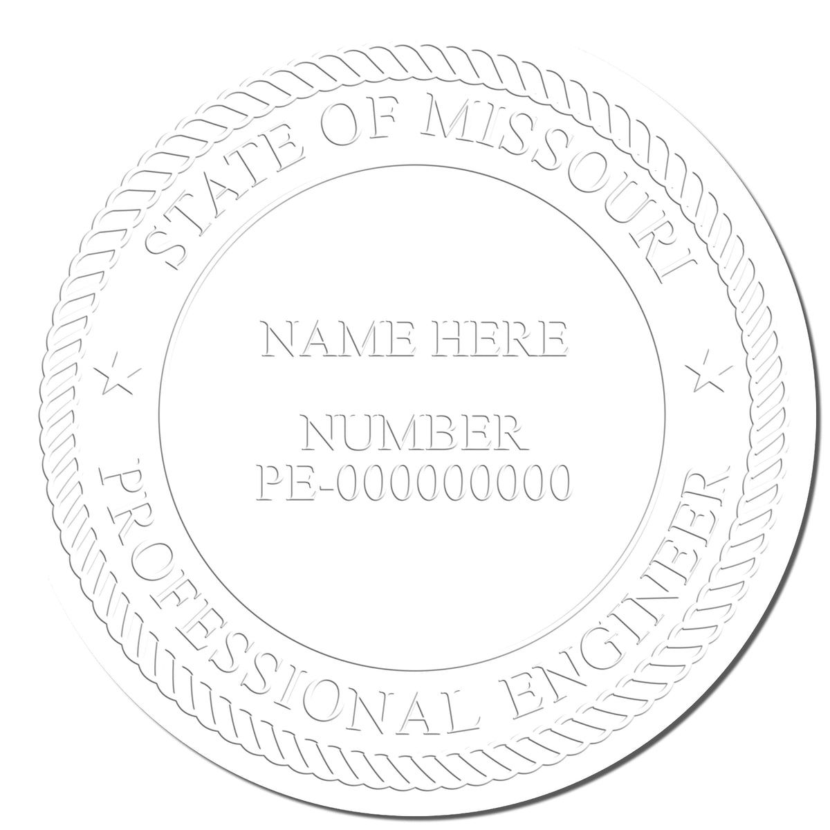 The Long Reach Missouri PE Seal stamp impression comes to life with a crisp, detailed photo on paper - showcasing true professional quality.