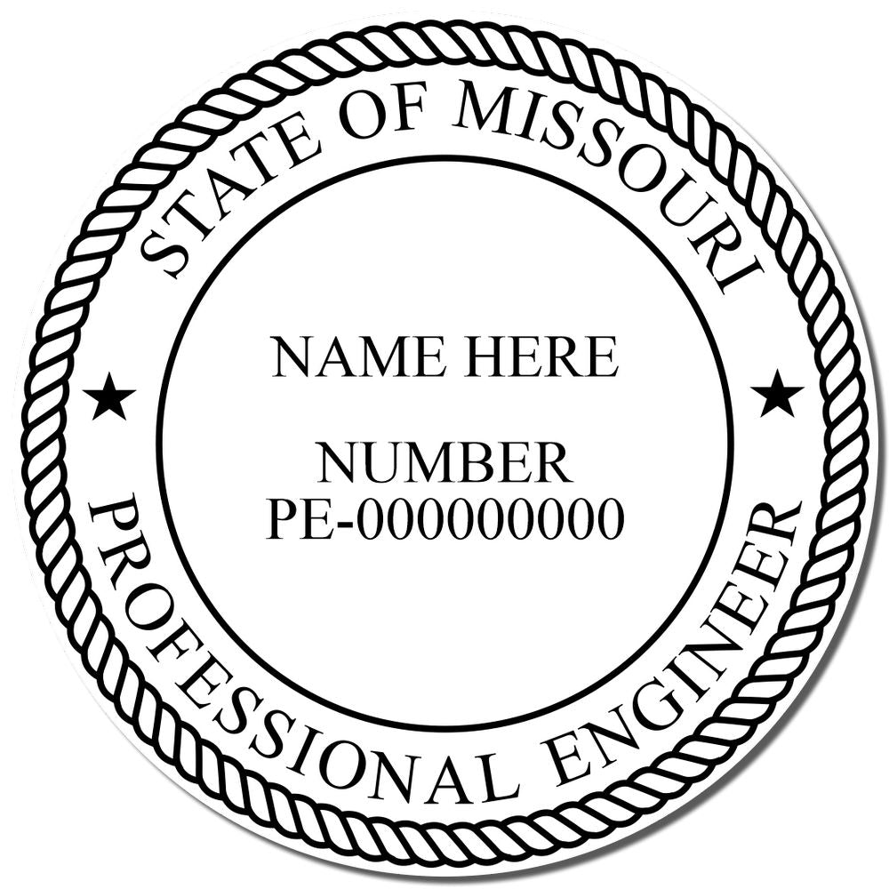 A photograph of the Self-Inking Missouri PE Stamp stamp impression reveals a vivid, professional image of the on paper.