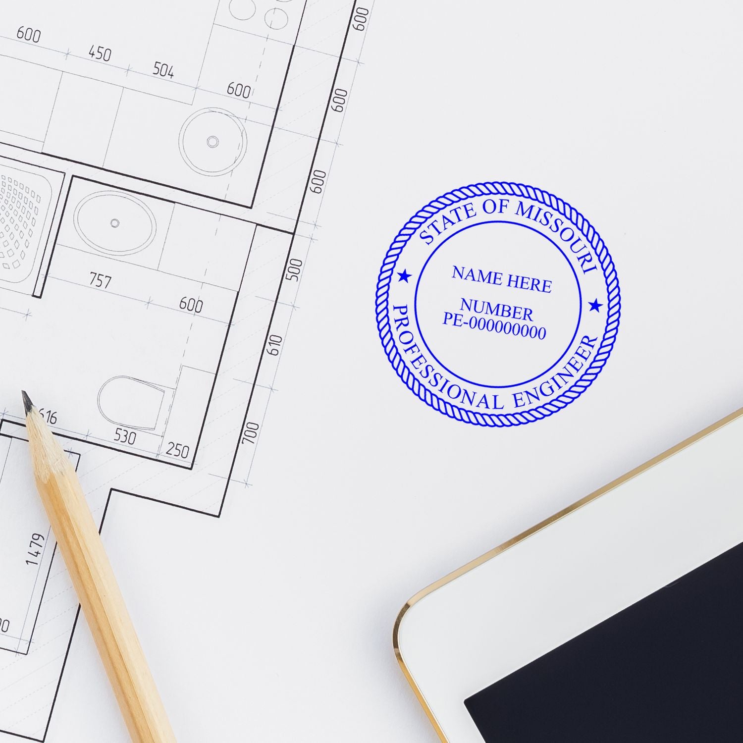 This paper is stamped with a sample imprint of the Digital Missouri PE Stamp and Electronic Seal for Missouri Engineer, signifying its quality and reliability.