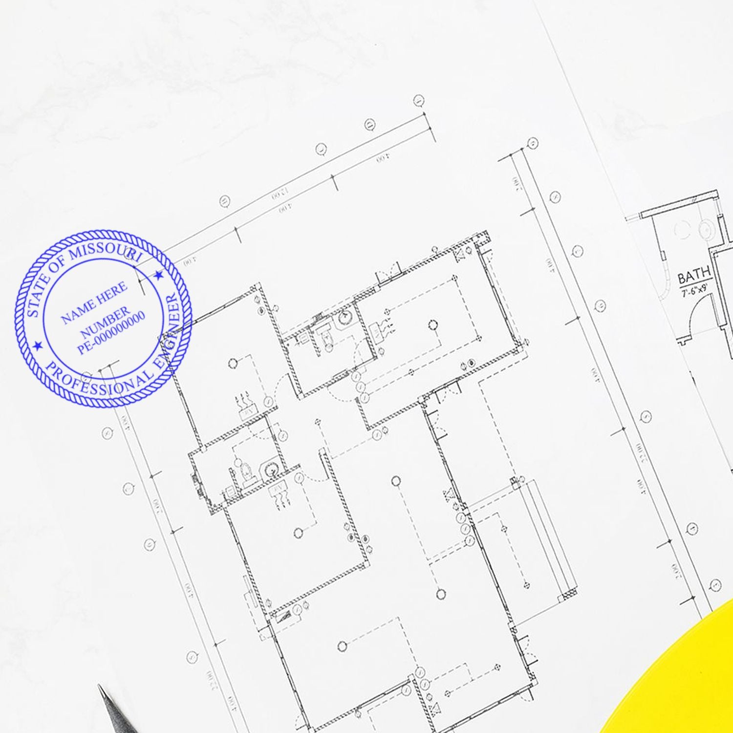 Another Example of a stamped impression of the Digital Missouri PE Stamp and Electronic Seal for Missouri Engineer on a piece of office paper.