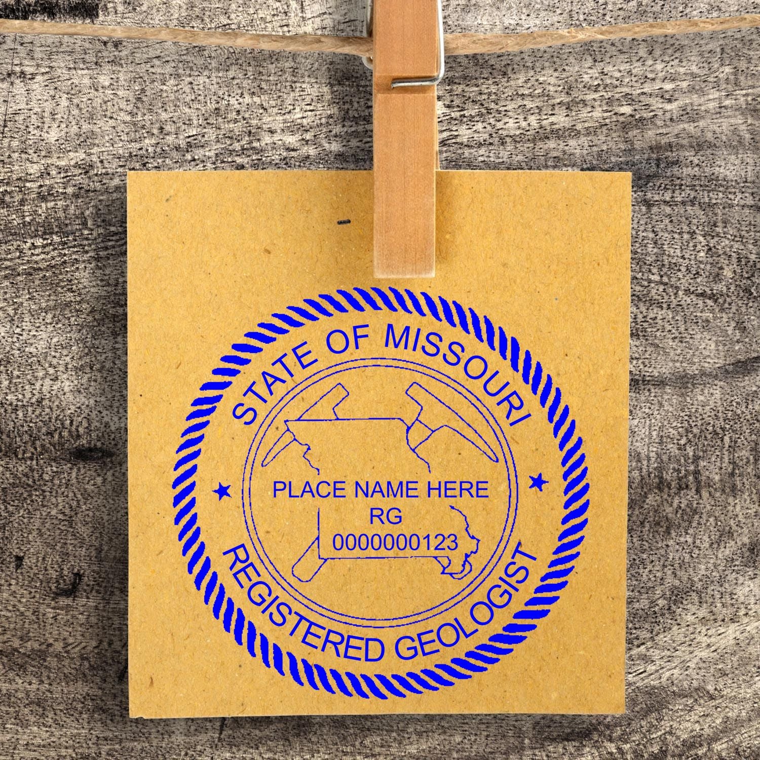 The Slim Pre-Inked Missouri Professional Geologist Seal Stamp stamp impression comes to life with a crisp, detailed image stamped on paper - showcasing true professional quality.