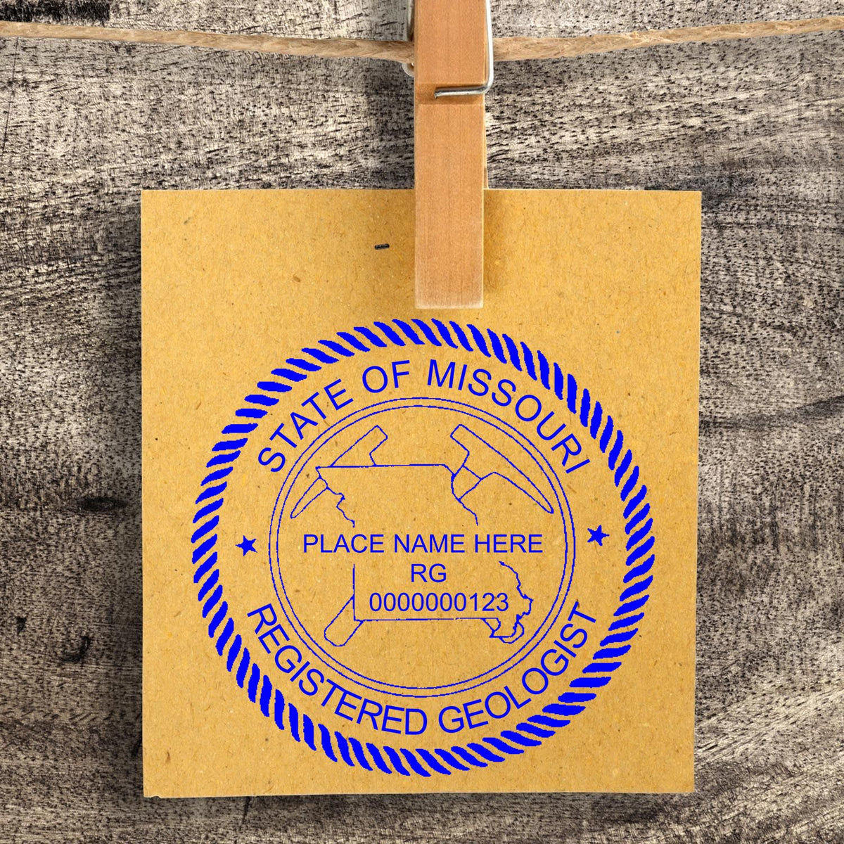 A stamped imprint of the Missouri Professional Geologist Seal Stamp in this stylish lifestyle photo, setting the tone for a unique and personalized product.