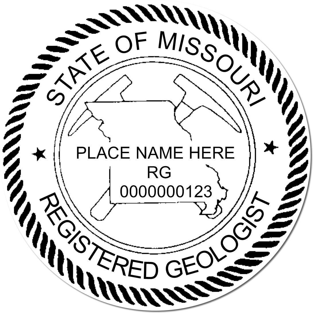 This paper is stamped with a sample imprint of the Slim Pre-Inked Missouri Professional Geologist Seal Stamp, signifying its quality and reliability.