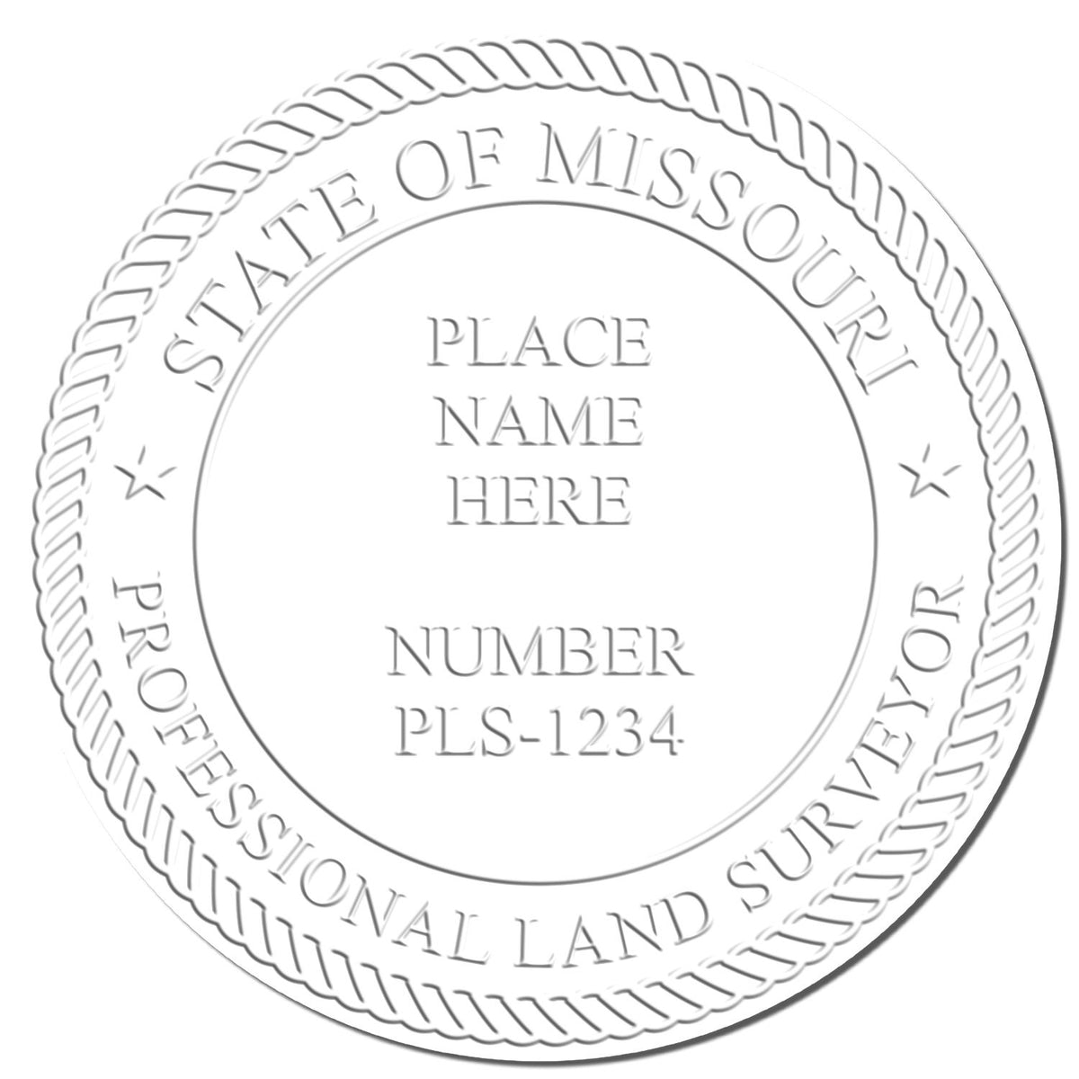 This paper is stamped with a sample imprint of the State of Missouri Soft Land Surveyor Embossing Seal, signifying its quality and reliability.