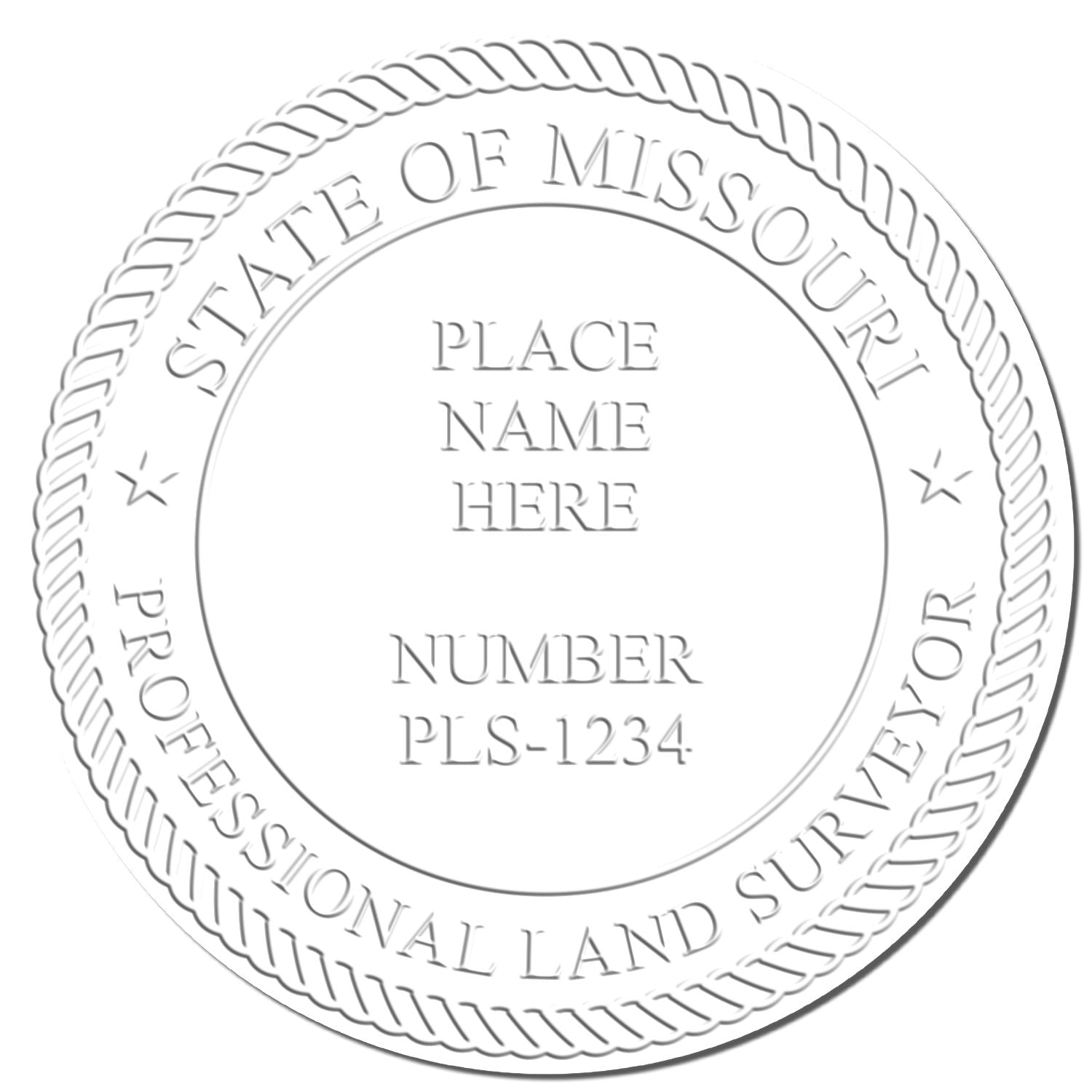 This paper is stamped with a sample imprint of the Heavy Duty Cast Iron Missouri Land Surveyor Seal Embosser, signifying its quality and reliability.