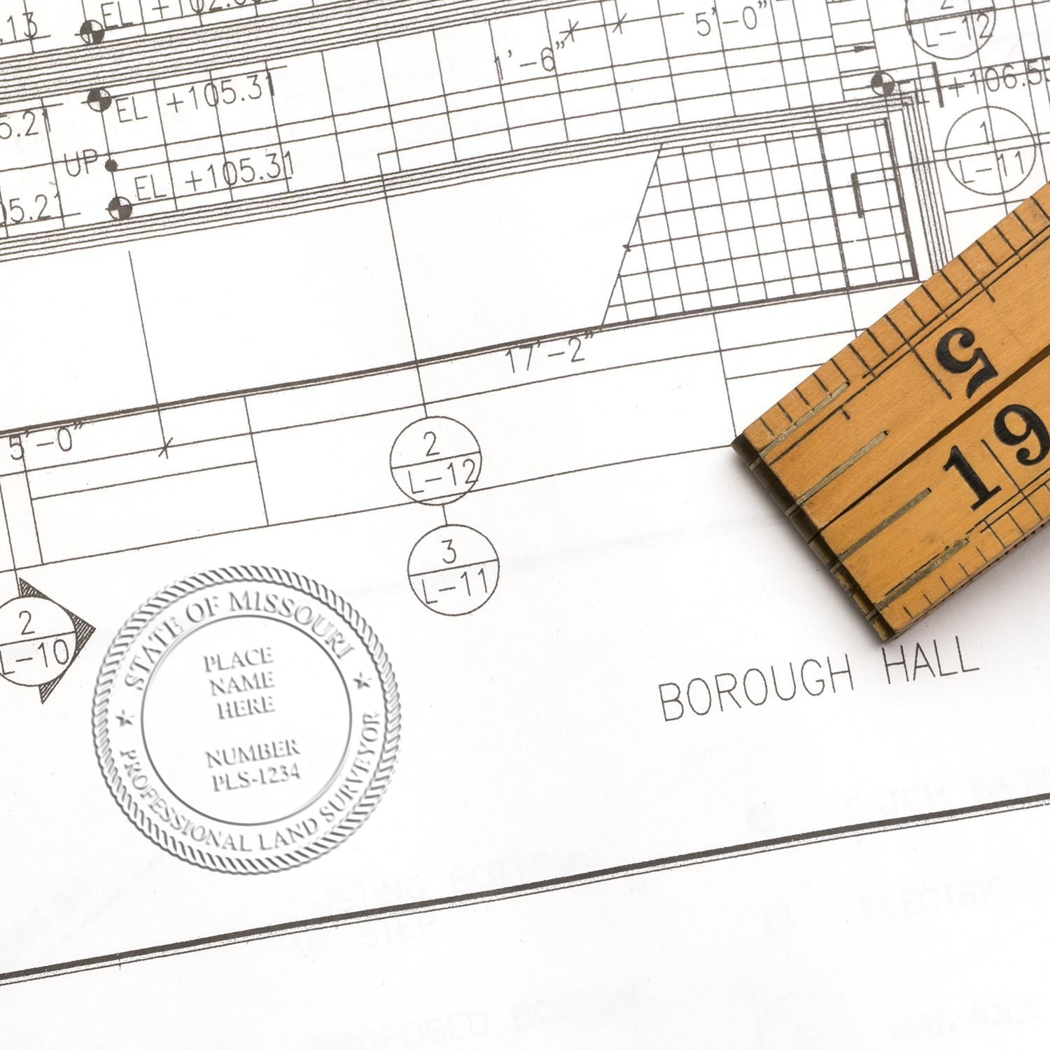 State of Missouri Soft Land Surveyor Embossing Seal in use photo showing a stamped imprint of the State of Missouri Soft Land Surveyor Embossing Seal