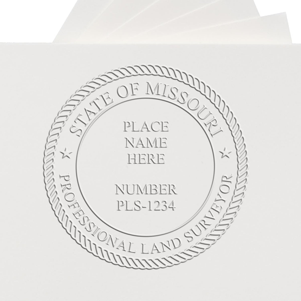 A lifestyle photo showing a stamped image of the State of Missouri Soft Land Surveyor Embossing Seal on a piece of paper