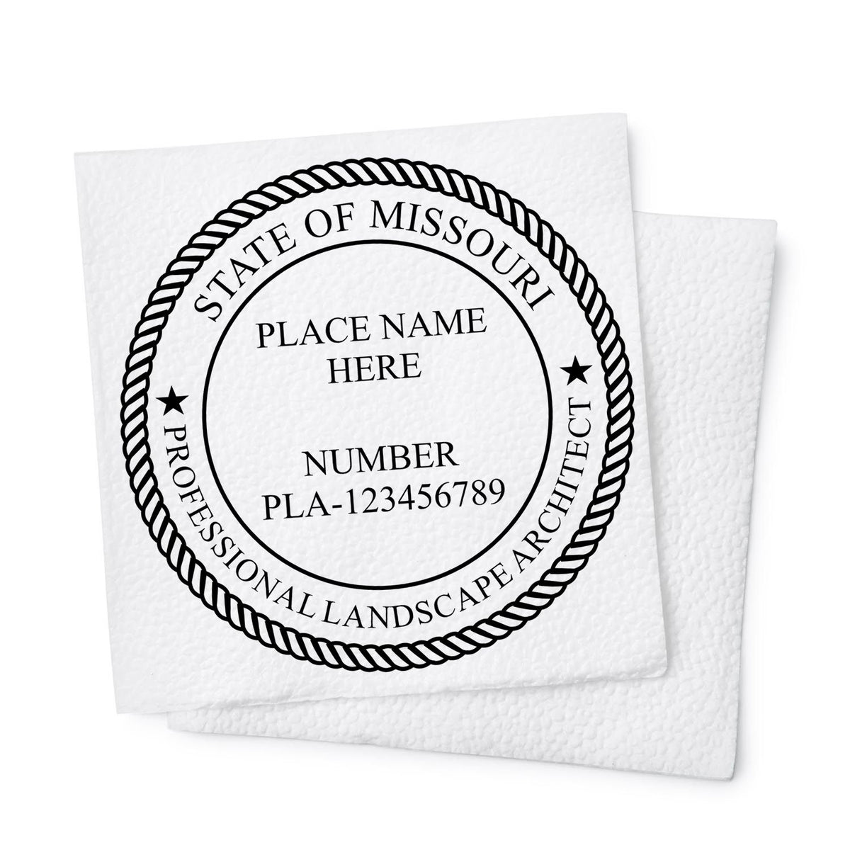 This paper is stamped with a sample imprint of the Slim Pre-Inked Missouri Landscape Architect Seal Stamp, signifying its quality and reliability.