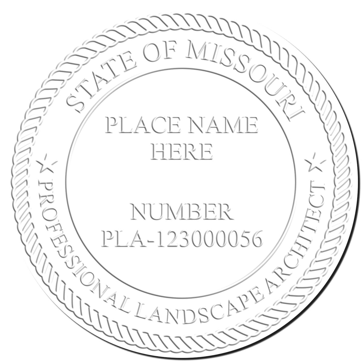 This paper is stamped with a sample imprint of the Soft Pocket Missouri Landscape Architect Embosser, signifying its quality and reliability.