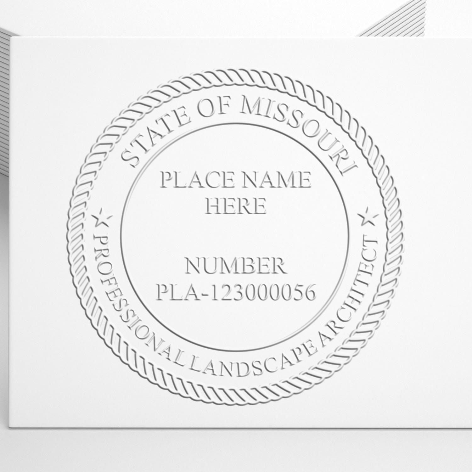 A photograph of the Hybrid Missouri Landscape Architect Seal stamp impression reveals a vivid, professional image of the on paper.