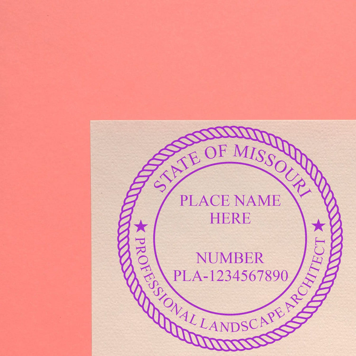 An alternative view of the Slim Pre-Inked Missouri Landscape Architect Seal Stamp stamped on a sheet of paper showing the image in use